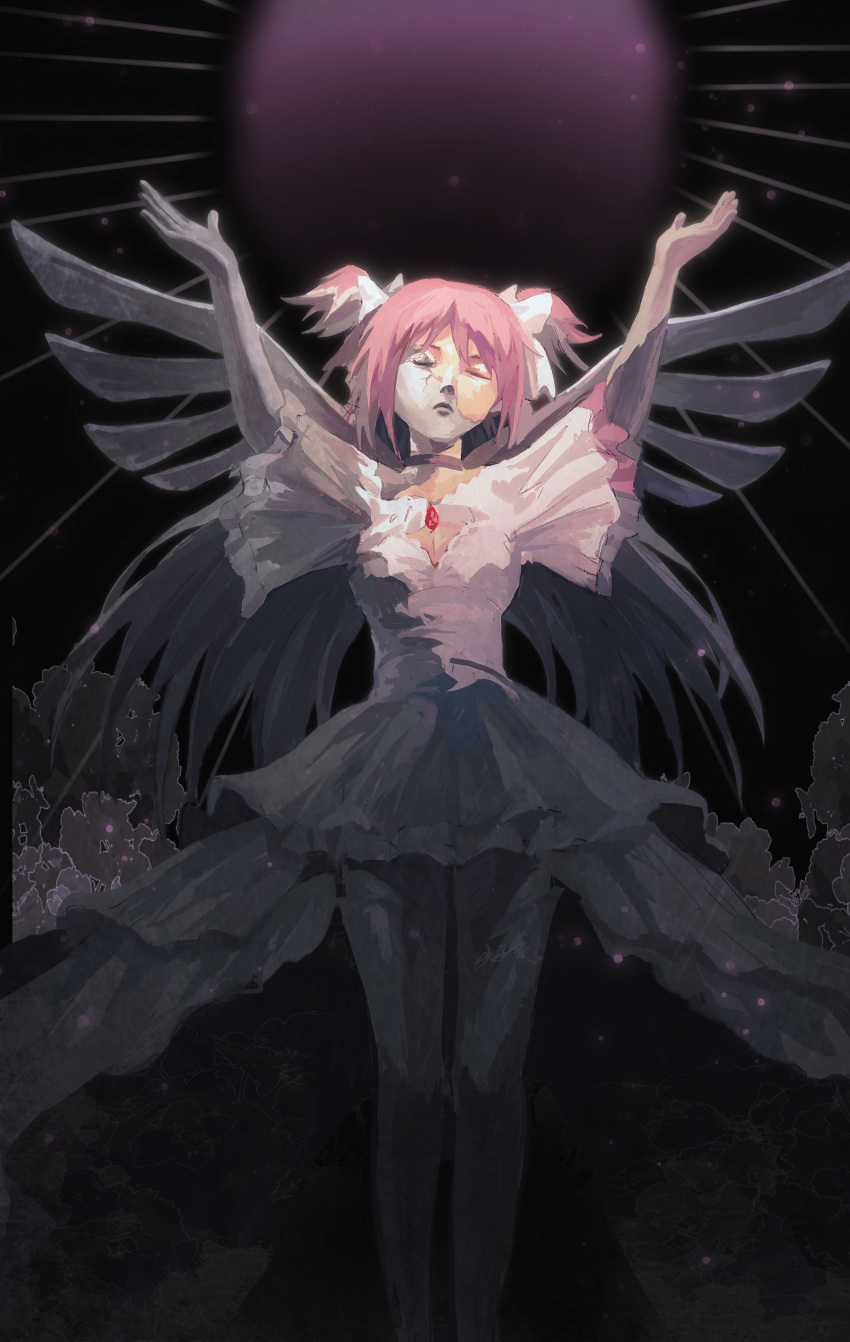 1girl absurdres arms_up black_background chinese_commentary closed_eyes closed_mouth commentary_request dress goddess_madoka hair_ribbon highres kaname_madoka long_hair mahou_shoujo_madoka_magica mahou_shoujo_madoka_magica_(anime) petrification pink_dress pink_hair ribbon shao_ziye short_sleeves solo thigh-highs two_side_up white_ribbon wings