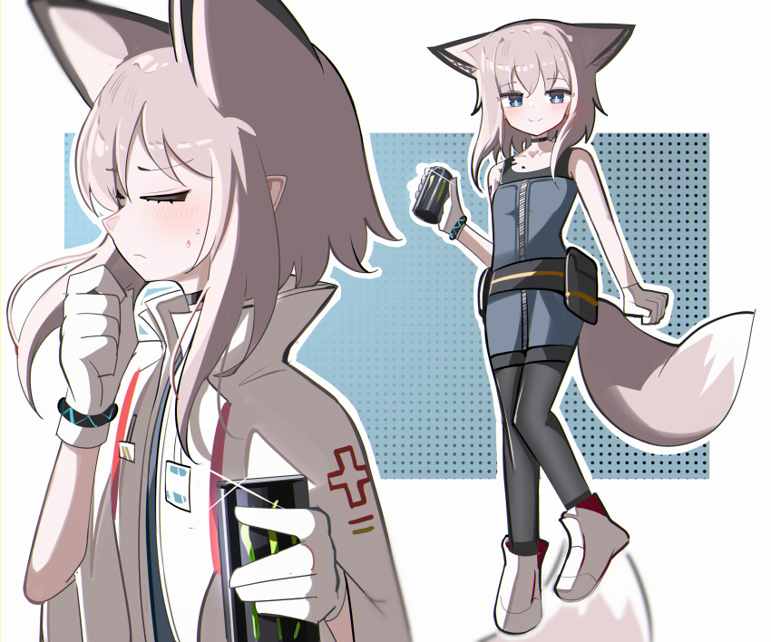 1girl absurdres animal_ears arknights bare_shoulders black_choker black_pantyhose blue_dress blue_eyes blush brown_hair can choker closed_eyes closed_mouth collarbone dress energy_drink fox_ears fox_girl fox_tail hair_between_eyes highres holding holding_can jacket monster_energy multiple_views open_clothes open_jacket pantyhose shoes smile spam_(spamham4506) sussurro_(arknights) sweat tail white_footwear white_jacket