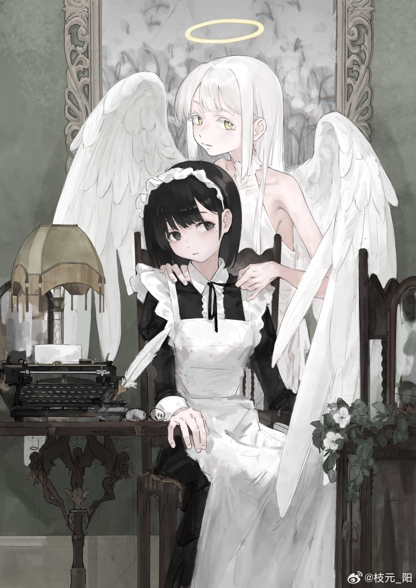 2girls angel angel_wings apron bare_arms bare_shoulders black_dress black_eyes black_hair black_ribbon black_sleeves blunt_bangs breasts bright_pupils center_frills chinese_commentary closed_mouth collar collarbone collared_dress colored_eyelashes commentary_request dress electrical_outlet expressionless feathered_wings feet_out_of_frame fingernails flower frilled_apron frills halo hands_on_another's_shoulders highres indoors lamp long_sleeves looking_at_viewer maid maid_headdress mirror mole mole_under_eye multiple_girls neck_ribbon on_chair original pale_skin plant potted_plant ribbon short_hair sideboob sidelocks sitting sleeveless sleeveless_dress straight_hair typewriter upper_body watermark weibo_logo weibo_username white_apron white_collar white_dress white_flower white_hair white_headdress white_pupils white_wings wings yellow_eyes yellow_halo zhiyuan_yang