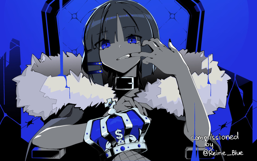 1girl blue_background blue_eyes blue_theme bocchi_the_rock! chair collar commission commissioner_name crossed_legs crown english_text eyes_visible_through_hair fishnets fur_trim hair_ornament hairclip highres king_(vocaloid) limited_palette machuuu68 mole mole_under_eye mouth_pull sitting solo unworn_crown upper_body yamada_ryo
