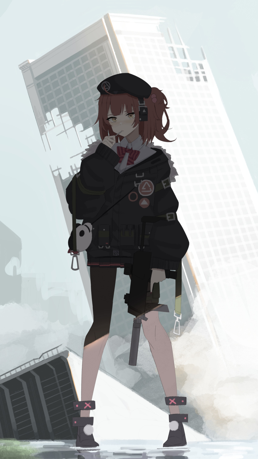 1girl beret black_footwear black_headwear black_pantyhose boots bow candy day dust_cloud food food_in_mouth full_body fur-trimmed_jacket fur_trim girls_frontline grey_sky gun h&amp;k_mp7 hair_bobbles hair_ornament hat headphones highres holding holding_gun holding_weapon jacket lollipop looking_at_viewer mado_mdmbx_(wjjj5485) mp7_(girls'_frontline) orange_hair outdoors pantyhose pink_bow ruins shade sky solo straight-on striped_bow submachine_gun trigger_discipline weapon yellow_eyes