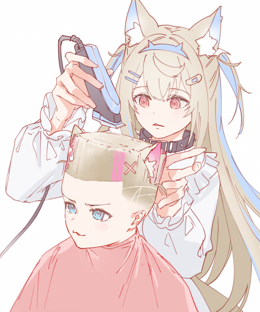 2girls :3 animal_ears belt_collar bib blonde_hair blue_eyes blush collar cutting_hair dress electric_razor fade_(haircut) fuwawa_abyssgard hair_ornament hairclip hairstyle_request highres holding hololive hololive_english hyde_(tabakko) long_hair long_sleeves mococo_abyssgard multicolored_hair multiple_girls pink_eyes red_eyes siblings simple_background sisters smile spiked_collar spikes streaked_hair two_side_up white_background white_dress x_hair_ornament