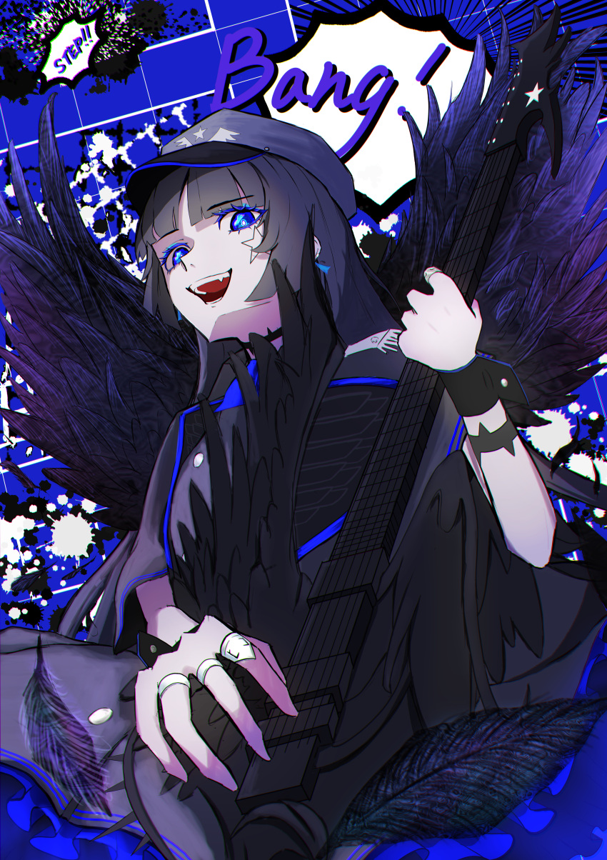 1girl :d absurdres ado_(utaite) black_feathers black_hair black_wings blue_background blue_eyes blue_theme blunt_bangs cloud_nine_inc earrings english_text fang feathered_wings feathers freedom_(ado) from_below guitar hat highres holding holding_guitar holding_instrument instrument jewelry long_hair looking_at_viewer looking_down multiple_rings open_mouth paint_splatter peaked_cap ring sido_(sido_mrtsnkc) smile solo star_(symbol) upper_body wings
