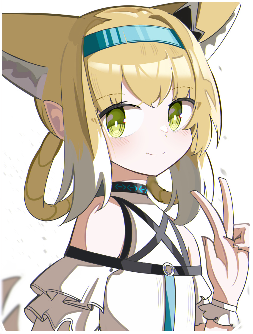 1girl absurdres animal_ear_fluff animal_ears arknights bare_shoulders blonde_hair blue_hairband blush braid closed_mouth fox_ears fox_girl fox_tail green_eyes hair_rings hairband hand_up highres kitsune looking_at_viewer multicolored_hair shirt simple_background smile solo spam_(spamham4506) suzuran_(arknights) tail twin_braids two-tone_hair v white_background white_hair white_shirt