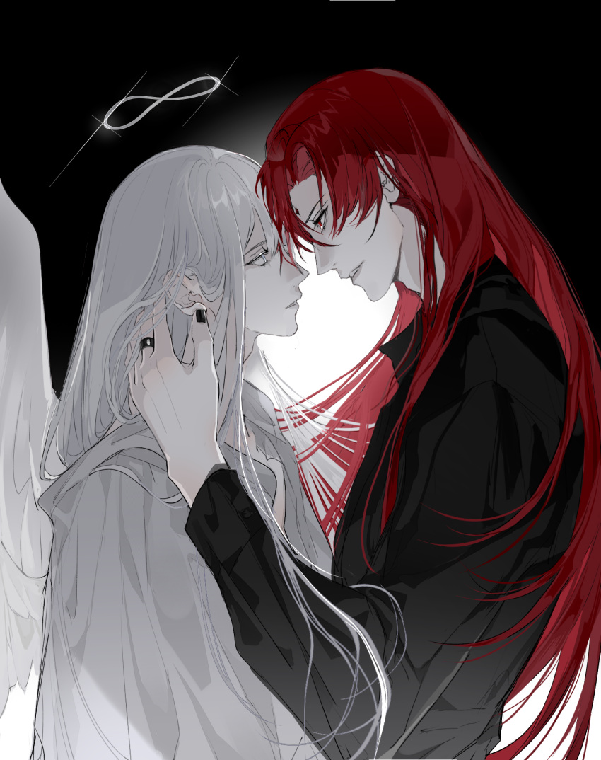 2boys androgynous angel_wings black_background black_nails black_shirt curtained_hair eye_contact face-to-face facial_mark forehead_mark from_side grey_eyes hair_tucking halo hand_in_another's_hair highres infinity_symbol intertwined_hair jewelry long_hair long_sleeves looking_at_another lord_of_the_mysteries male_focus medici_(lord_of_the_mysteries) multiple_boys nail_polish ouroboros_(lord_of_the_mysteries) parted_lips profile red_eyes redhead ring robe shirt smile tknife two-tone_background upper_body white_background white_hair white_robe white_wings wings