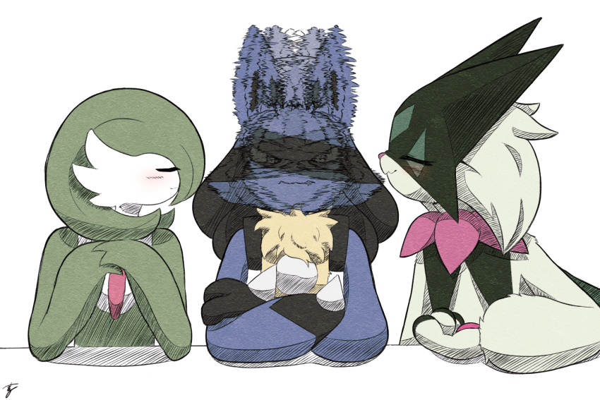1boy 2girls :3 afterimage animal_ears animal_hands animal_nose artist_name black_fur blue_fur blush bob_cut body_fur closed_eyes closed_mouth colored_skin commentary_request crossed_arms facing_another flat_chest furry furry_female furry_male gardevoir green_fur green_hair green_skin happy hetero hunter_suru lucario meowscarada motion_blur multicolored_fur multicolored_skin multiple_girls neck_fur pawpads pokemon pokemon_(creature) short_hair signature simple_background sitting smile spikes straight-on the_weaker_sex_1_(gibson) two-tone_skin u_u upper_body white_background white_skin wolf_boy wolf_ears yellow_fur