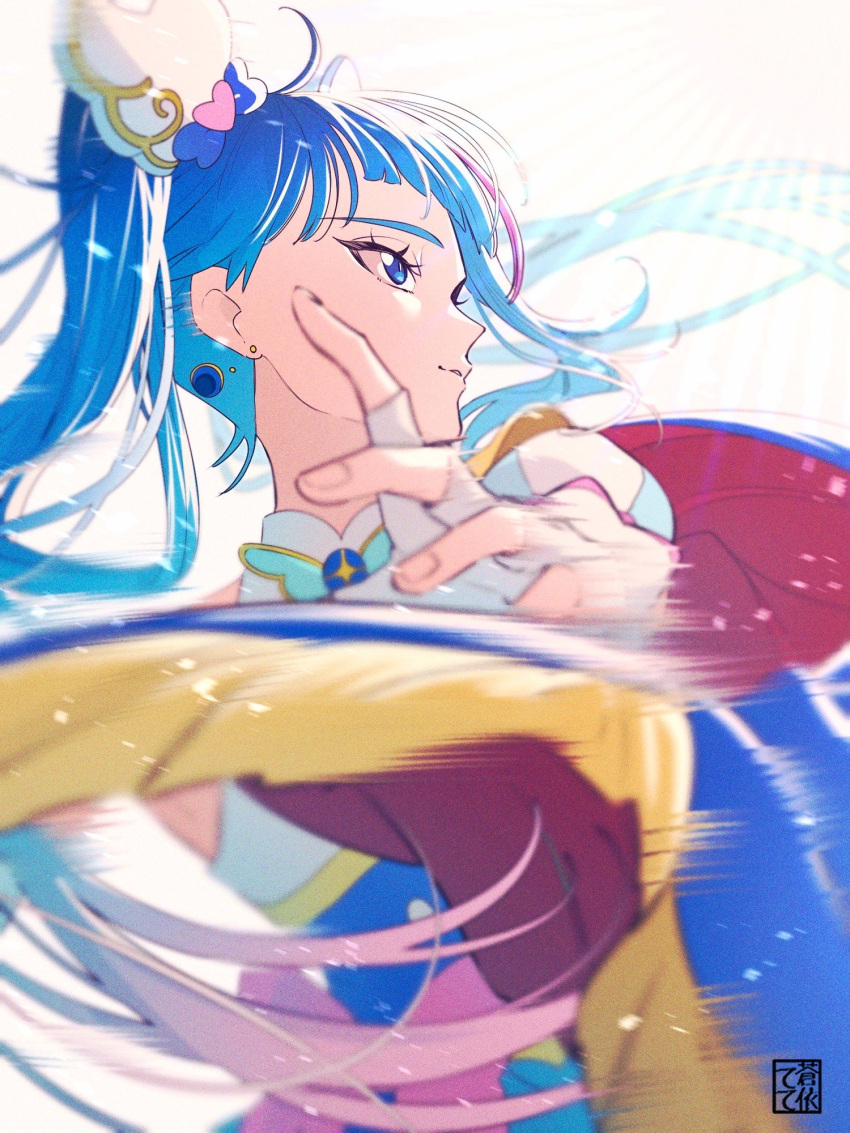 1girl aoi_tete artist_logo backlighting blue_cape blue_dress blue_eyes blue_hair bow brooch cape closed_mouth cure_sky dress dress_bow earrings fingerless_gloves foreshortening fringe_trim gloves highres hirogaru_sky!_precure jewelry long_hair looking_to_the_side magical_girl motion_blur multicolored_hair pink_hair precure red_cape sleeveless sleeveless_dress smile solo sora_harewataru streaked_hair twintails two-sided_cape two-sided_fabric two-tone_dress very_long_hair white_dress white_gloves wing_brooch wing_hair_ornament