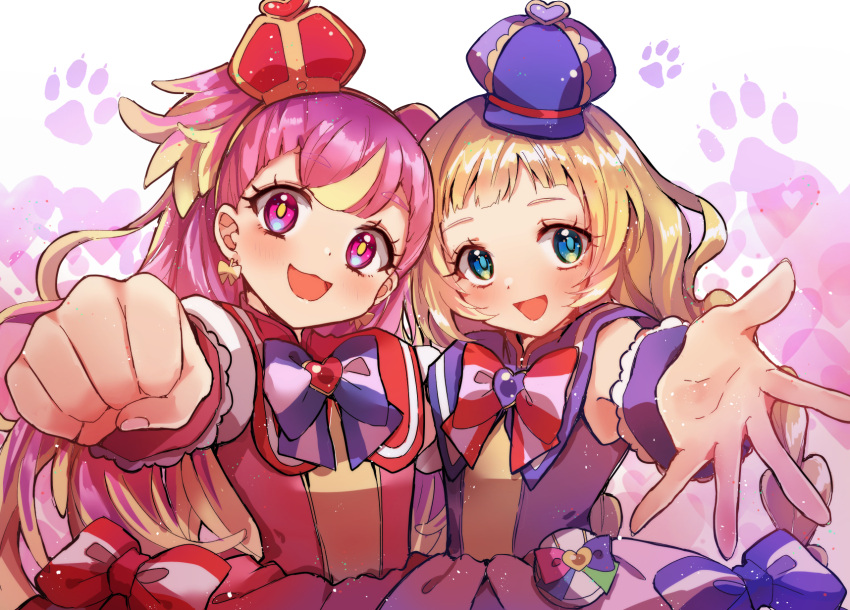 2girls :d blonde_hair blue_eyes blush bow bow_earrings braid bright_pupils brooch capelet clenched_hand crown cure_friendy cure_wonderful deerstalker dot_nose dress earrings hairband hat hat_ornament head_tilt heart heart_background heart_brooch heart_hat_ornament highres inukai_iroha inukai_komugi jewelry lazy_orange long_hair looking_at_viewer magical_girl mini_crown multicolored_eyes multicolored_hair multiple_girls open_mouth outstretched_hand paw_print paw_print_background pink_bow pink_capelet pink_dress pink_hair pink_wrist_cuffs pouch precure purple_bow purple_capelet purple_dress purple_headwear purple_wrist_cuffs smile streaked_hair striped_bow tilted_headwear two-tone_hair two_side_up upper_body violet_eyes wonderful_precure! wrist_cuffs yellow_eyes yellow_hairband