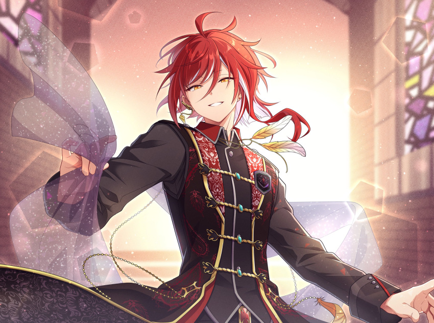 1boy black_jacket ensemble_stars! feathers highres jacket long_sleeves male_focus multicolored_hair orange_eyes red_vest redhead sakasaki_natsume short_hair_with_long_locks smile solo stained_glass sunlight take_no_ko teeth vest white_hair yellow_feathers