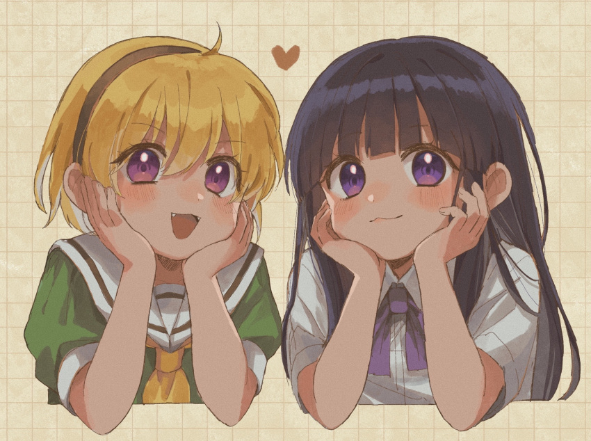 2girls blonde_hair blunt_ends bow bowtie closed_mouth commentary cropped_torso furude_rika green_shirt grid_background hairband hands_on_own_cheeks hands_on_own_face head_rest heart highres higurashi_no_naku_koro_ni houjou_satoko long_hair looking_at_viewer morisata multiple_girls neckerchief open_mouth pink_eyes puffy_short_sleeves puffy_sleeves purple_bow purple_bowtie purple_hair sailor_collar shirt short_hair short_sleeves smile symbol-only_commentary violet_eyes white_sailor_collar white_shirt yellow_neckerchief