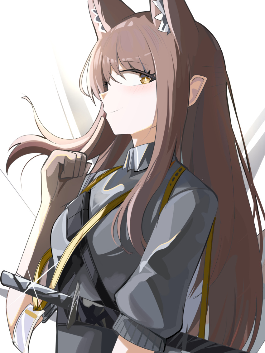 1girl absurdres animal_ear_fluff animal_ears arknights brown_eyes brown_gloves brown_hair clenched_hand closed_mouth collared_shirt franka_(arknights) gloves grey_shirt hand_up highres long_hair puffy_short_sleeves puffy_sleeves shirt short_sleeves smile solo spam_(spamham4506) upper_body very_long_hair white_background