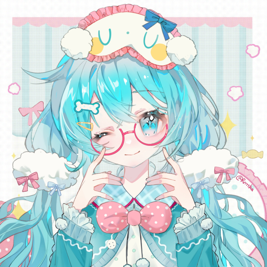 1girl alternate_costume alternate_hairstyle aqua_eyes aqua_hair artist_name blue_background blue_capelet blue_ribbon bone_hair_ornament border candy capelet commentary food fur_trim hair_between_eyes hair_ornament hairclip hatsune_miku highres long_hair looking_at_viewer mask mask_on_head one_eye_closed pink-framed_eyewear pink_ribbon ribbon round_eyewear rrrrika shirt sidelocks sleep_mask smile solo sparkle symbol-only_commentary twintails twitter_username vocaloid white_border white_shirt