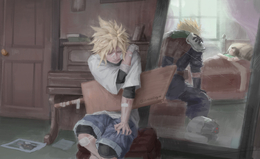 1girl 2boys absurdres aged_down armor bandaid bandaid_on_arm bandaid_on_face bandaid_on_knee bandaid_on_leg bed blonde_hair blue_jacket blue_pants blue_shorts cloud_strife comatose door dual_persona feet_out_of_frame final_fantasy final_fantasy_vii final_fantasy_vii_rebirth final_fantasy_vii_remake green_scarf hand_on_own_shoulder helmet highres indoors instrument jacket long_hair looking_down lying mirror multiple_boys on_back on_bed pants piano scarf shinra_infantry shinra_infantry_uniform shirt short_hair shorts shoulder_armor sitting spiky_hair sword t-shirt tifa_lockhart unworn_headwear unworn_helmet weapon white_shirt window wooden_sword zoewingsz