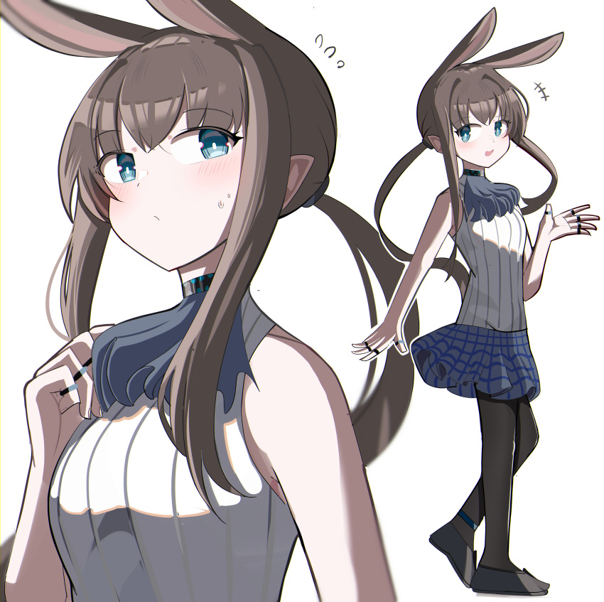 +++ 1girl :d absurdres amiya_(arknights) animal_ears arknights ascot bare_arms bare_shoulders black_footwear black_pantyhose blue_eyes blush brown_hair closed_mouth flying_sweatdrops grey_ascot grey_skirt hand_up highres jewelry long_hair multiple_views pantyhose pointy_ears rabbit_ears ring shirt shoes simple_background skirt sleeveless sleeveless_shirt smile spam_(spamham4506) sweat very_long_hair white_background white_shirt