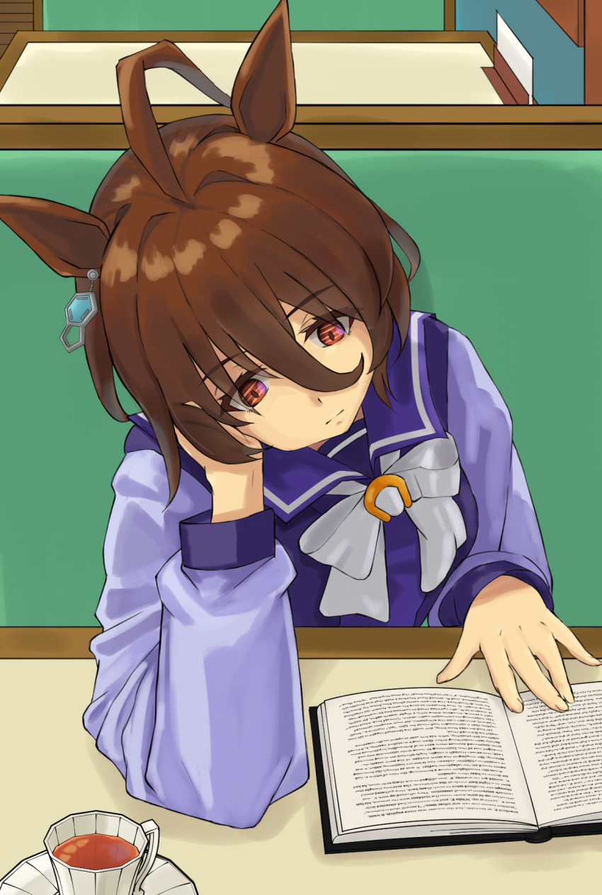 1girl agnes_tachyon_(umamusume) ahoge book bow brown_hair chemical_structure closed_mouth commentary_request cup earrings hair_between_eyes head_rest highres horse_girl jewelry purple_shirt reading red_eyes sailor_collar school_uniform shahha shirt single_earring sitting solo table tea teacup tracen_school_uniform umamusume upper_body white_bow winter_uniform