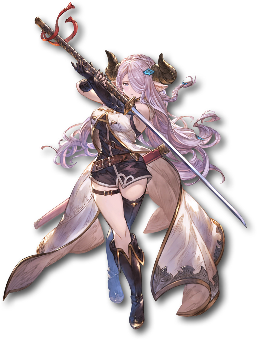 asymmetrical_footwear asymmetrical_gloves belt black_footwear black_gloves blue_eyes boots braid breasts closed_mouth draph elbow_gloves full_body gloves granblue_fantasy granblue_fantasy_versus hair_ornament hair_over_one_eye high_heels highres holding holding_sword holding_weapon horns katana large_breasts long_hair looking_at_viewer mismatched_footwear mismatched_gloves narmaya_(granblue_fantasy) official_art pink_hair pointy_ears serious sheath sleeveless standing sword thigh_belt thigh_strap transparent_background weapon