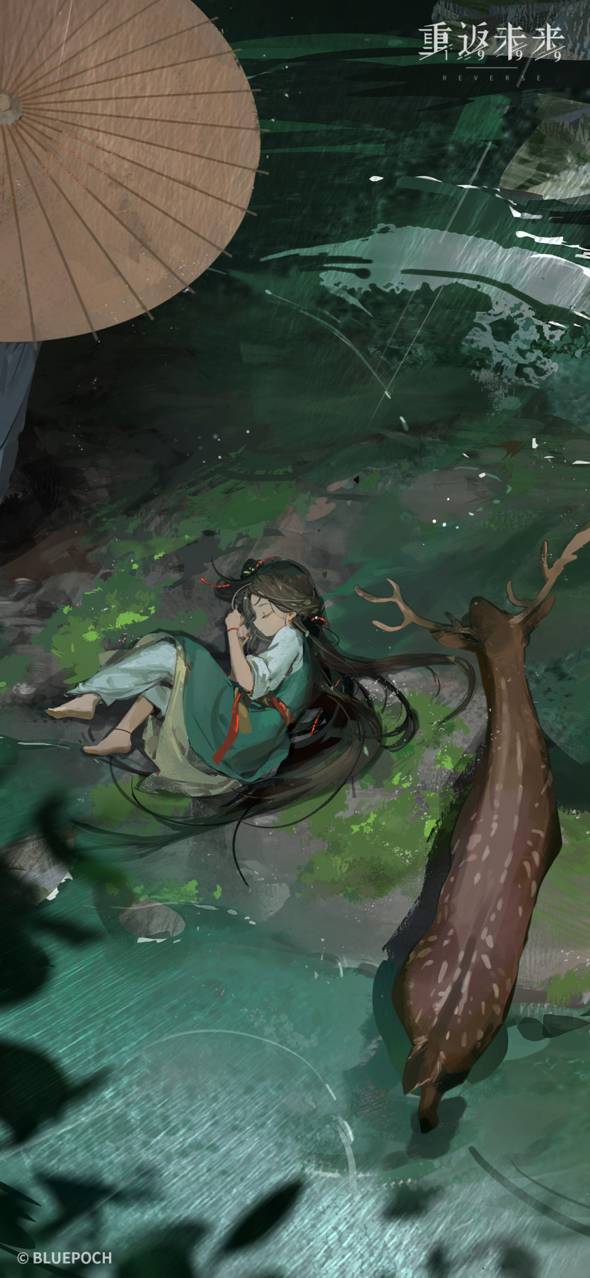 1girl 1other absurdres aged_down barefoot black_hair brown_umbrella chinese_clothes closed_eyes copyright_name copyright_notice deer from_above green_hanfu hanfu highres jiu_niangzi leaf logo long_hair lying moss official_art official_wallpaper oil-paper_umbrella on_ground on_side reverse:1999 sleeping sleeves_past_elbows umbrella water wide_shot