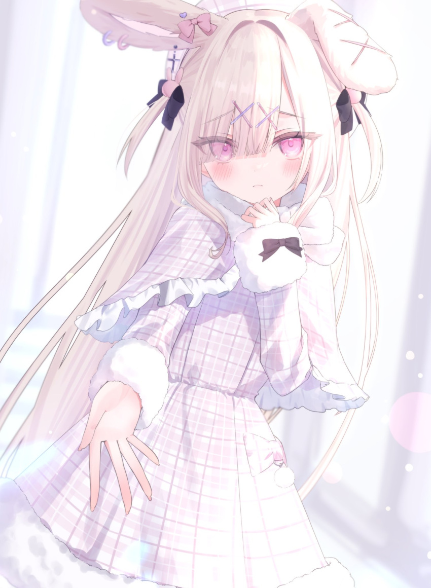 1girl animal_ear_piercing animal_ears black_bow blonde_hair blunt_bangs blush bow capelet commission dress extra_ears eyes_visible_through_hair frilled_capelet frills frown fur-trimmed_dress fur_trim hair_between_eyes hair_bow hair_ornament highres indie_virtual_youtuber long_hair looking_at_viewer multiple_hair_bows outstretched_hand pink_bow pink_eyes plaid plaid_dress rabbit_ears rabbit_girl second-party_source skeb_commission solo uniunibone usatama_amyu very_long_hair x_hair_ornament