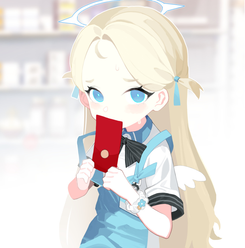 1girl absurdres apron blonde_hair blue_archive blue_eyes blurry blurry_background forehead halo highres hongbao looking_at_viewer qianhui shelf solo sora_(blue_archive) sweatdrop wings