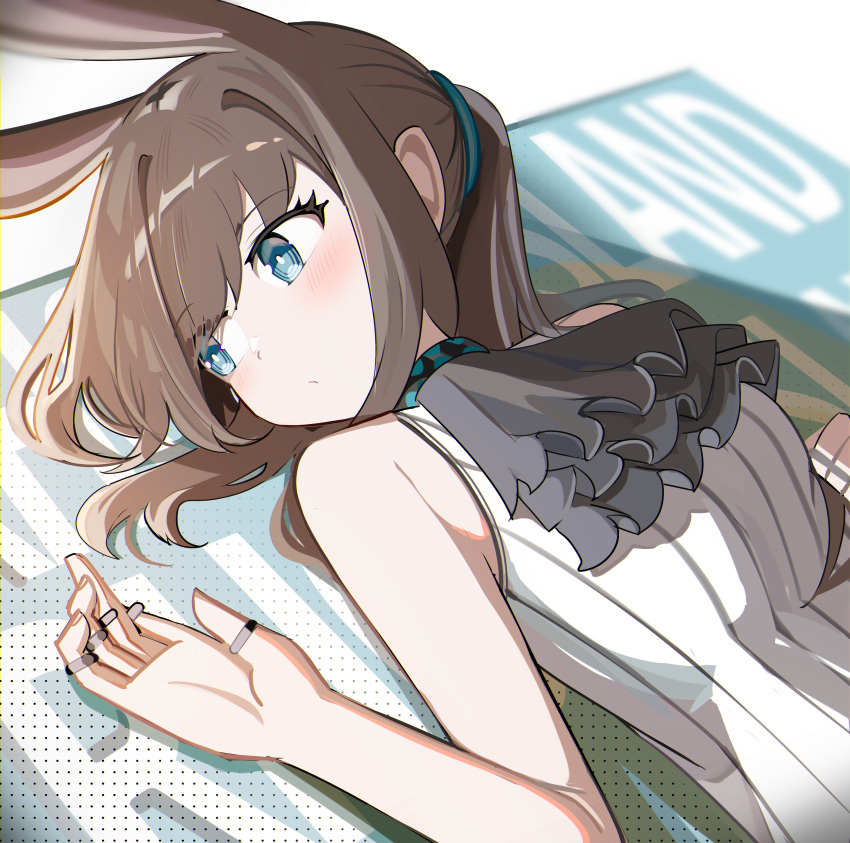 1girl absurdres amiya_(arknights) animal_ears arknights ascot bare_arms bare_shoulders blue_eyes breasts brown_hair closed_mouth grey_ascot hand_up highres jewelry long_hair looking_to_the_side lying medium_breasts on_back rabbit_ears ring shirt sleeveless sleeveless_shirt solo spam_(spamham4506) upper_body white_shirt
