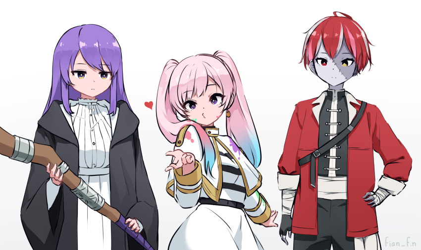 3girls absurdres airani_iofifteen alternate_costume alternate_hair_length alternate_hairstyle blowing_kiss cosplay fern_(sousou_no_frieren) fern_(sousou_no_frieren)_(cosplay) fian_f.n frieren frieren_(cosplay) heterochromia highres holding holding_staff hololive hololive_indonesia kureiji_ollie long_hair moona_hoshinova multicolored_eyes multicolored_hair multiple_girls purple_hair red_eyes redhead short_hair sousou_no_frieren staff stark_(sousou_no_frieren) stark_(sousou_no_frieren)_(cosplay) streaked_hair twintails yellow_eyes zombie
