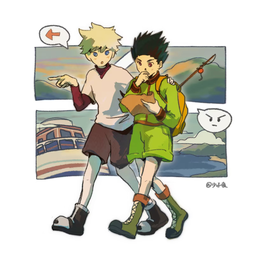2boys backpack bag black_footwear black_hair blue_eyes blush boat boots brown_shorts chinese_commentary commentary_request gon_freecss green_footwear green_jacket green_shorts highres hunter_x_hunter jacket killua_zoldyck layered_sleeves long_sleeves male_focus mountain multiple_boys ocean open_mouth red_eyes red_shirt shao_ziye shirt short_over_long_sleeves short_sleeves shorts simple_background spiky_hair spoken_symbol twitter_username undershirt watercraft white_background white_hair white_shirt