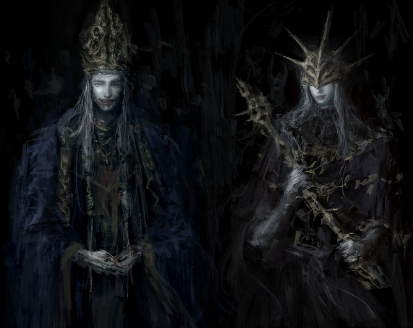 2boys absurdres aldrich_devourer_of_gods all_lee24 black_dress blood blood_on_face closed_mouth covered_eyes dark_souls_(series) dark_souls_iii dark_sun_gwyndolin dress evil_grin evil_smile facing_viewer gold_headwear graphite_(medium) grey_hair grin hat helmet highres holding holding_staff long_hair looking_at_viewer multiple_boys own_hands_together simple_background smile spiked_helmet staff traditional_media white_hair