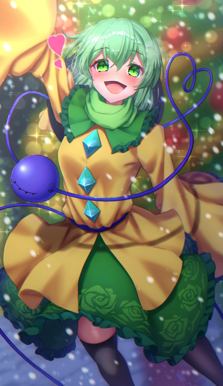 1girl black_thighhighs blurry blurry_background blush buttons christmas_tree diamond_button eyeball floral_print frilled_shirt_collar frilled_sleeves frills green_eyes green_hair green_skirt heart heart_of_string highres komeiji_koishi long_sleeves looking_at_another open_mouth outdoors ribbon rose_print scarf shirt skirt smile snow solo thigh-highs third_eye touhou wide_sleeves yellow_shirt yosshy