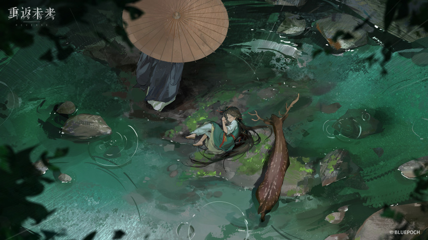 1girl 1other aged_down barefoot black_hair blue_hanfu brown_umbrella chinese_clothes closed_eyes copyright_name copyright_notice deer from_above green_hanfu hanfu highres jiu_niangzi leaf logo long_hair lying moss official_art official_wallpaper oil-paper_umbrella on_ground on_side reverse:1999 ripples rock sleeping sleeves_past_elbows umbrella water wide_shot