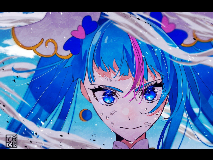 1girl aoi_tete artist_logo blue_eyes blue_hair blue_sky closed_mouth clouds cloudy_sky commentary cure_sky cut_bangs day earrings frown highres hirogaru_sky!_precure jewelry letterboxed long_hair looking_at_viewer magical_girl multicolored_hair outdoors pink_hair precure single_sidelock sky smoke solo sora_harewataru streaked_hair sweat twintails wind wing_hair_ornament