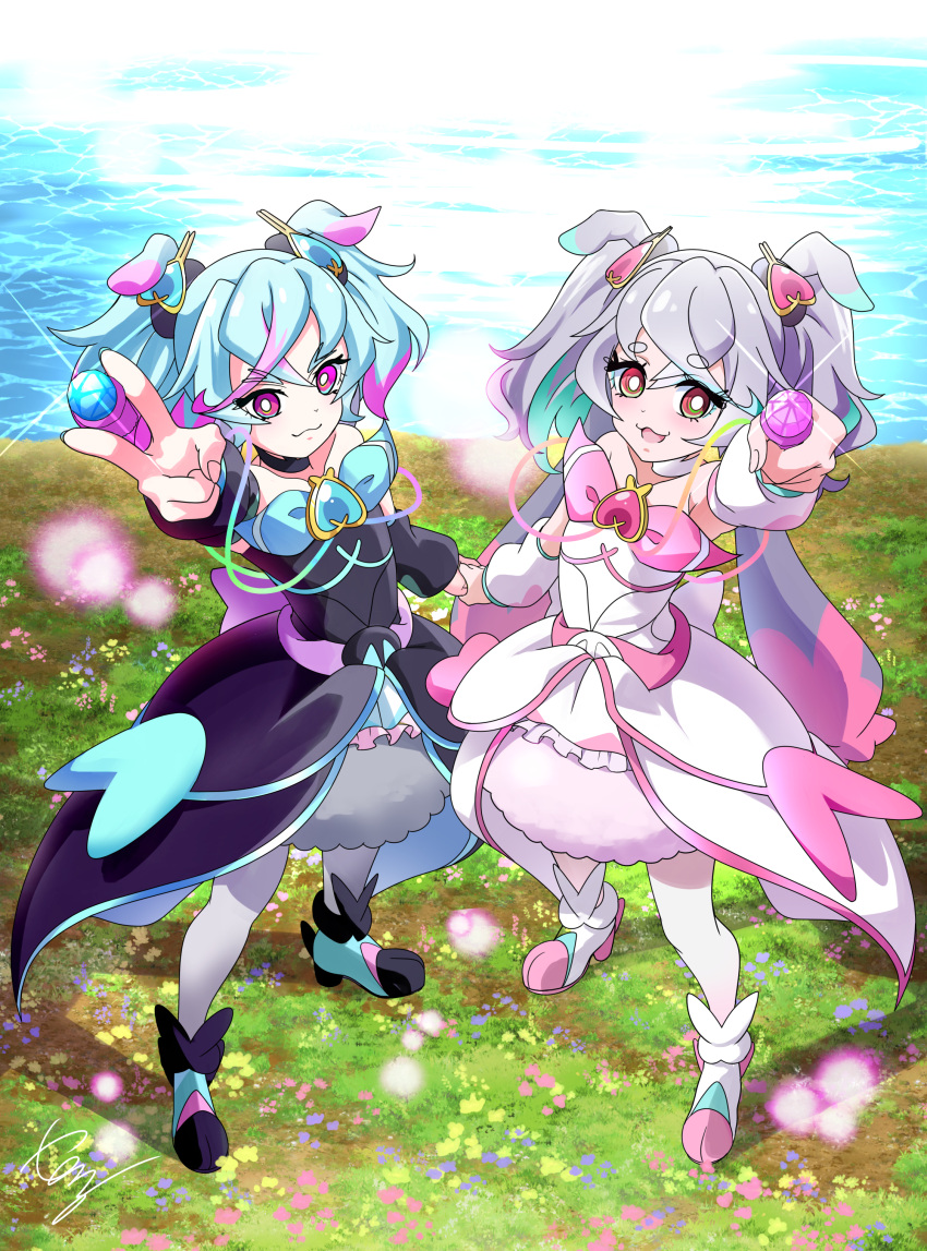 2girls :3 absurdres animal_ears ankle_boots aqua_hair arm_up artist_logo black_choker black_footwear black_sleeves blue_hair boots bright_pupils brooch brown_eyes choker closed_mouth commentary_request commission cure_puca cure_supreme detached_sleeves dress grass grey_hair hair_ornament highres holding holding_hands jewelry looking_at_viewer magical_girl medium_dress medium_hair multiple_girls ocean open_mouth pantyhose partial_commentary pink_hair precure precure_all_stars_f preme_(precure) puca_(precure) side-by-side signature skeb_commission smile sparkle standing strapless strapless_dress tirofinire twintails two-tone_dress v violet_eyes white_choker white_dress white_footwear white_pantyhose white_pupils white_sleeves