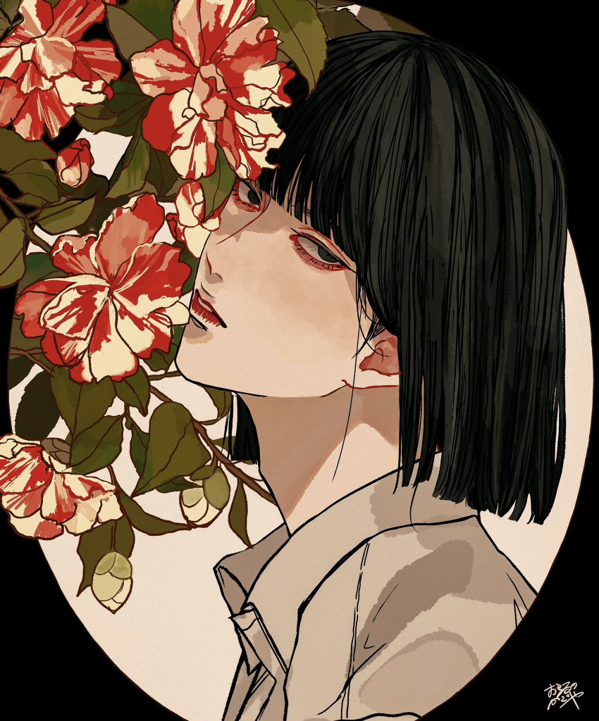 1boy black_border black_eyes black_hair blunt_bangs blunt_ends bob_cut border branch collared_shirt flower from_side hair_behind_ear head_tilt highres kagoya1219 looking_at_viewer looking_to_the_side male_focus original outside_border parted_lips plant portrait red_flower shirt signature straight_hair white_background white_shirt