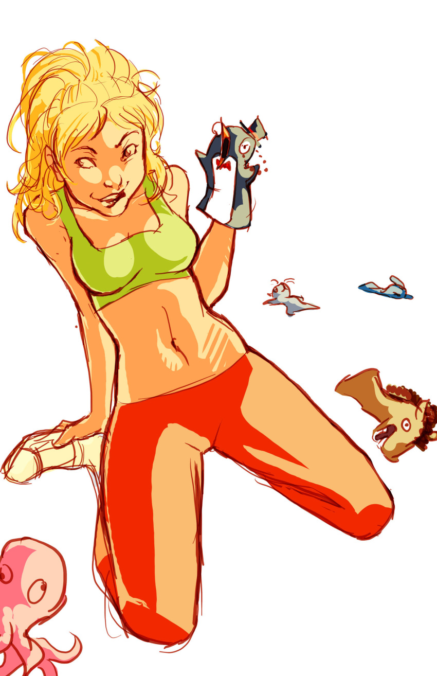 1girl absurdres bikini blonde_hair commentary english_commentary green_bikini hand_puppet hat highres king_of_the_hill luanne_platter navel pants pechan puppet red_pants simple_background sketch swimsuit top_hat toy white_background white_footwear
