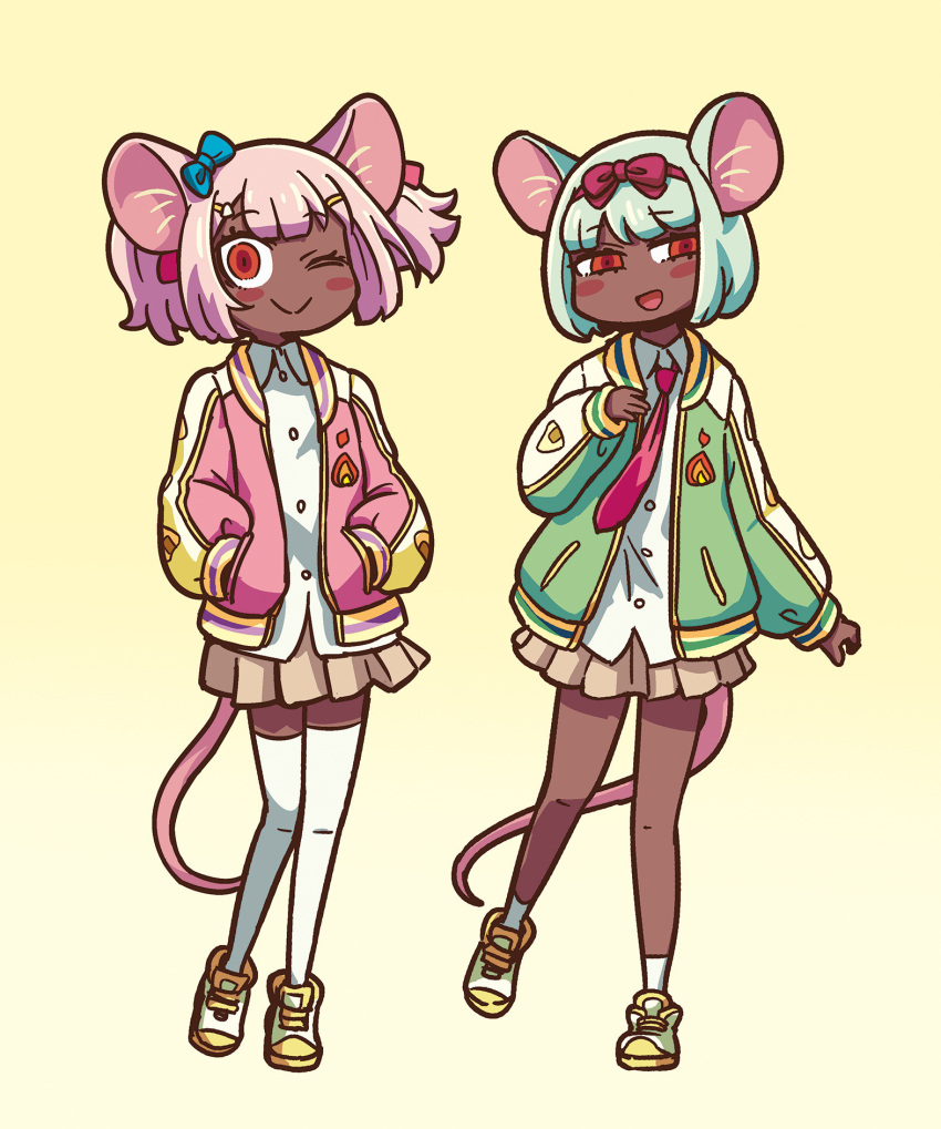 2girls animal_ears blue_bow blush bow coat collared_shirt daikokuten_(fate) dark-skinned_female dark_skin fate/grand_order fate_(series) gradient_background green_coat hair_bow hands_in_pockets highres learning_with_manga!_fgo long_sleeves looking_at_viewer mouse_ears mouse_girl mouse_tail multiple_girls necktie official_alternate_costume official_art one_eye_closed pink_coat red_bow red_eyes red_necktie riyo_(lyomsnpmp) shirt shoes short_hair skirt smile sneakers socks tail thigh-highs twintails white_hair white_shirt white_socks white_thighhighs