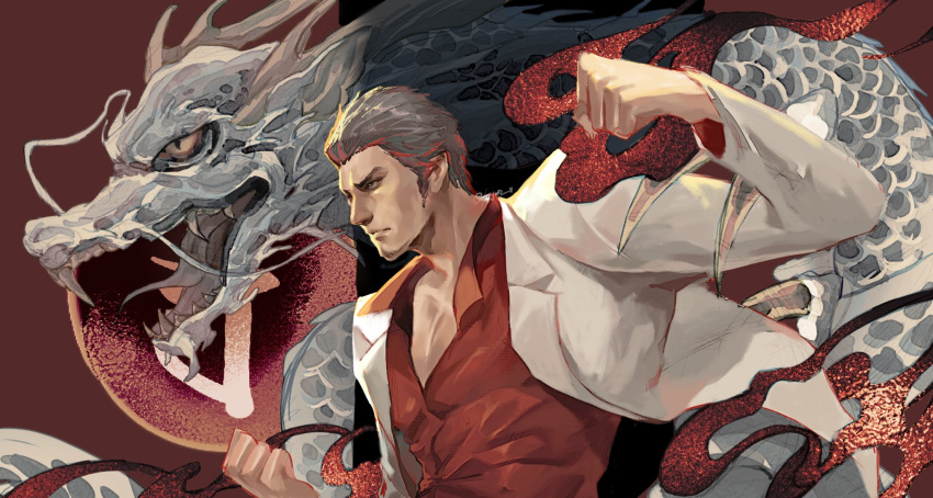 1boy arm_up beard black_hair clenched_hands closed_mouth collared_shirt dragon eastern_dragon facial_hair fighting_stance highres jacket jaxkydra kiryu_kazuma long_sleeves male_focus partially_unbuttoned red_background red_shirt ryuu_ga_gotoku_(series) shirt short_hair solo v-shaped_eyebrows white_jacket