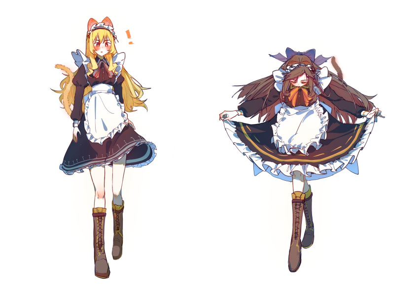 ! 2girls alternate_costume animal_ears apron black_dress blonde_hair blush boots brown_eyes brown_footwear brown_hair cat_ears cat_girl cat_tail clothes_lift commentary_request curtsey dress enmaided highres juliet_sleeves kemonomimi_mode long_hair long_sleeves maid maid_apron maid_headdress multiple_girls parted_lips puffy_sleeves saijou_claudine shoujo_kageki_revue_starlight simple_background skirt skirt_lift tail tendou_maya white_apron white_background ydpfa