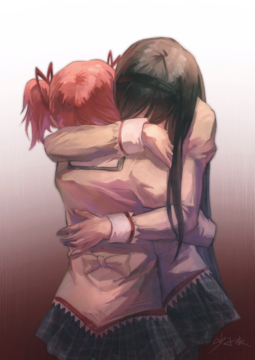 2girls absurdres akemi_homura black_hair black_hairband black_skirt brown_shirt chinese_commentary commentary_request gradient_background hairband hand_on_another's_back hand_on_another's_shoulder highres hug juliet_sleeves kaname_madoka long_hair long_sleeves mahou_shoujo_madoka_magica mahou_shoujo_madoka_magica_(anime) multiple_girls pink_hair plaid plaid_skirt pleated_skirt puffy_sleeves red_background revision scene_reference school_uniform shao_ziye shirt skirt twintails white_background