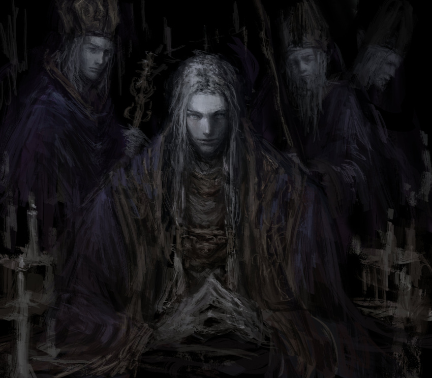 4boys absurdres aldrich_devourer_of_gods all_lee24 beard candle candlestand dark_souls_(series) dark_souls_iii dress facial_hair facing_viewer graphite_(medium) grey_beard grey_hair hat highres holding holding_staff long_hair looking_at_viewer multiple_boys own_hands_together simple_background staff traditional_media white_hair