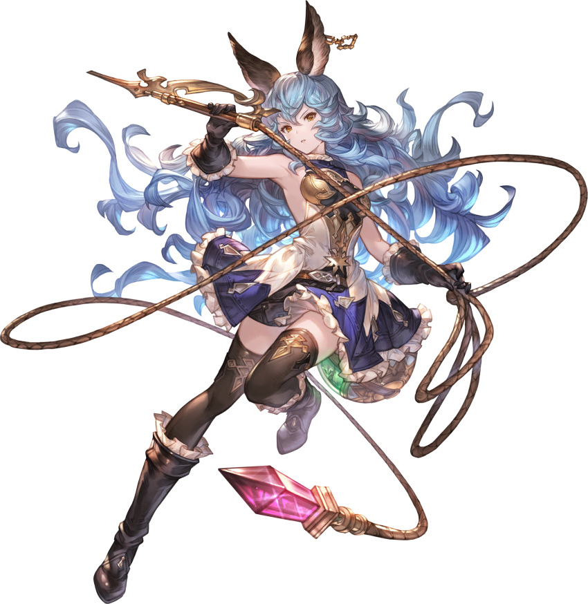 1girl bare_shoulders blue_hair boots breasts brown_eyes dress earrings elbow_gloves erune ferry_(granblue_fantasy) full_body gloves gold_trim granblue_fantasy granblue_fantasy_versus:_rising highres holding holding_weapon holding_whip jewelry knee_boots long_hair looking_at_viewer minaba_hideo official_art open_mouth pleated_skirt short_dress skirt sleeveless sleeveless_dress small_breasts solo thigh-highs transparent_background weapon whip zettai_ryouiki