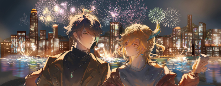2boys absurdres alhaitham_(genshin_impact) black_shirt blonde_hair brown_jacket cityscape cup danbingzi1 earrings feather_hair_ornament feathers fireworks genshin_impact grey_hair hair_between_eyes hair_ornament highres holding holding_cup jacket jewelry kaveh_(genshin_impact) long_sleeves looking_at_another male_focus multiple_boys red_eyes red_jacket shirt short_hair water white_shirt