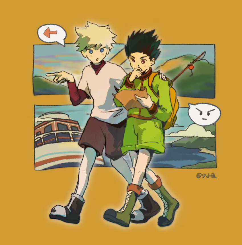 2boys backpack bag black_footwear black_hair blue_eyes blush boat boots brown_shorts chinese_commentary commentary_request gon_freecss green_footwear green_jacket green_shorts highres hunter_x_hunter jacket killua_zoldyck layered_sleeves long_sleeves male_focus mountain multiple_boys ocean open_mouth red_eyes red_shirt shao_ziye shirt short_over_long_sleeves short_sleeves shorts simple_background spiky_hair spoken_symbol twitter_username undershirt watercraft white_hair white_shirt yellow_background