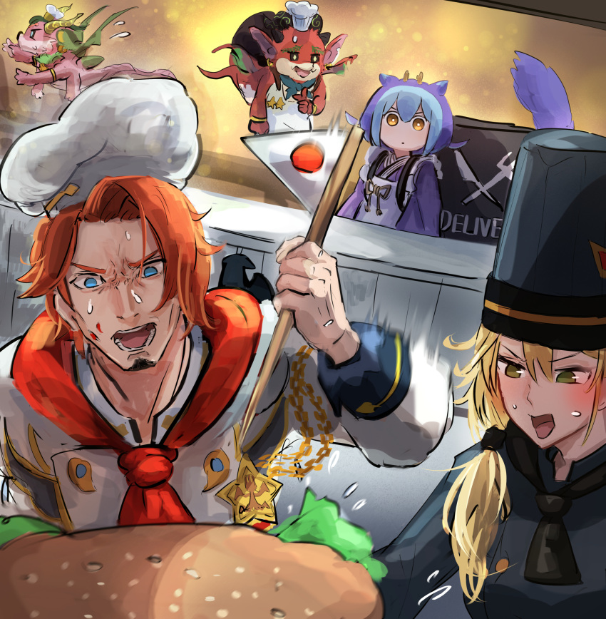 apron blonde_hair blue_eyes blue_hair bread_bun breasts buerillabaisse_de_nouvelles burger chef chef_hat confiras_de_nouvelles demon dinner dragon_girl dragon_horns dragon_tail dress duel_monster fast_food food hat hatano_kiyoshi highres holding holding_food horns hungry_burger japanese_flag laundry_dragonmaid lettuce long_hair long_sleeves looking_at_viewer maid maid_apron mini_flag multicolored_hair multiple_girls open_mouth poissoniere_de_nouvelles redhead short_hair tail teeth wa_maid yellow_eyes yu-gi-oh!