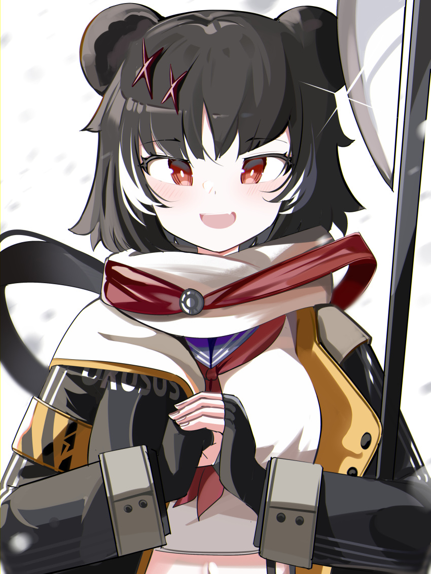 1girl :d absurdres animal_ears arknights bardiche_(weapon) bear_ears black_gloves black_hair black_jacket blue_sailor_collar breasts crop_top fingerless_gloves glint gloves highres jacket leto_(arknights) medium_breasts multicolored_hair navel neckerchief open_clothes open_jacket palm-fist_greeting red_eyes red_neckerchief sailor_collar school_uniform serafuku shirt smile solo spam_(spamham4506) streaked_hair white_background white_hair white_shirt