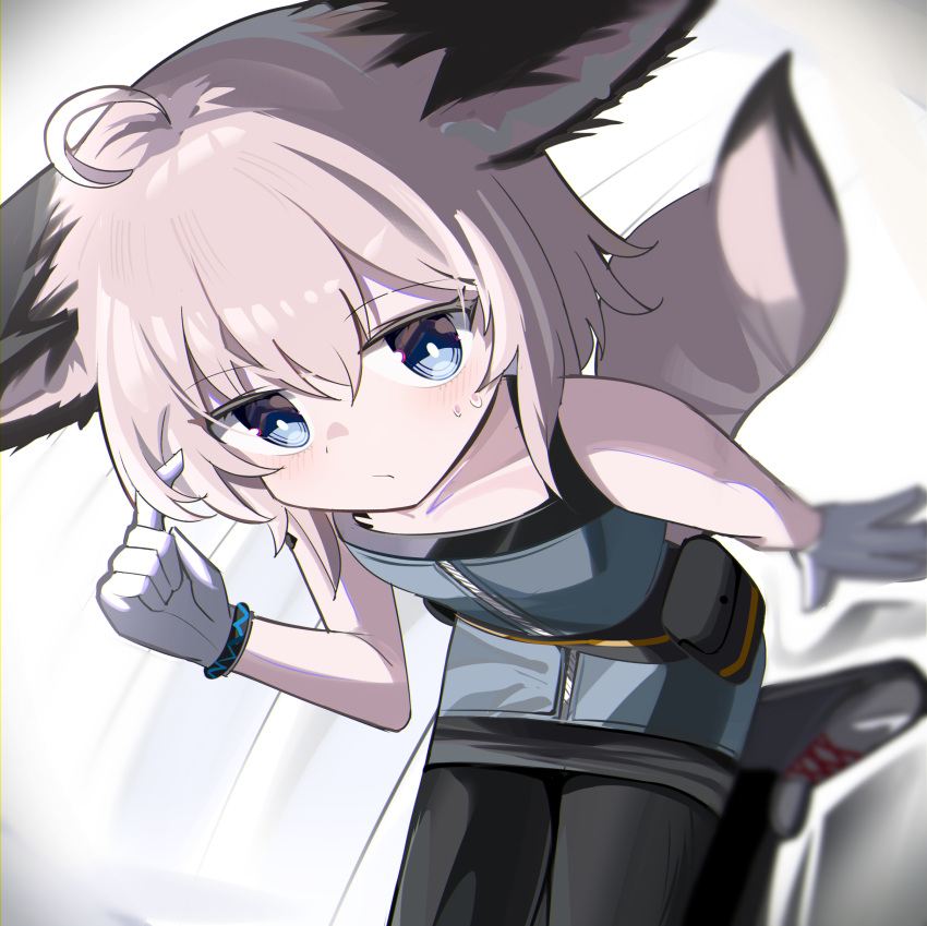 1girl absurdres ahoge animal_ears arknights bare_shoulders black_pantyhose blue_dress blue_eyes blurry blurry_background blush brown_hair closed_mouth collarbone depth_of_field dress dutch_angle fox_ears fox_girl fox_tail from_above gloves grey_footwear hair_between_eyes hand_up highres looking_at_viewer pantyhose seiza shoes sitting sleeveless sleeveless_dress solo spam_(spamham4506) sussurro_(arknights) sweat tail white_gloves