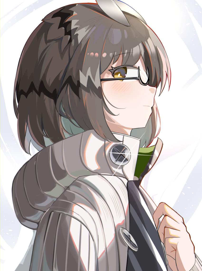 1girl absurdres arknights black-framed_eyewear blush brown_eyes brown_hair closed_mouth glasses hand_up highres jacket multicolored_hair open_clothes open_jacket profile semi-rimless_eyewear silence_(arknights) solo spam_(spamham4506) two-tone_hair under-rim_eyewear upper_body white_jacket