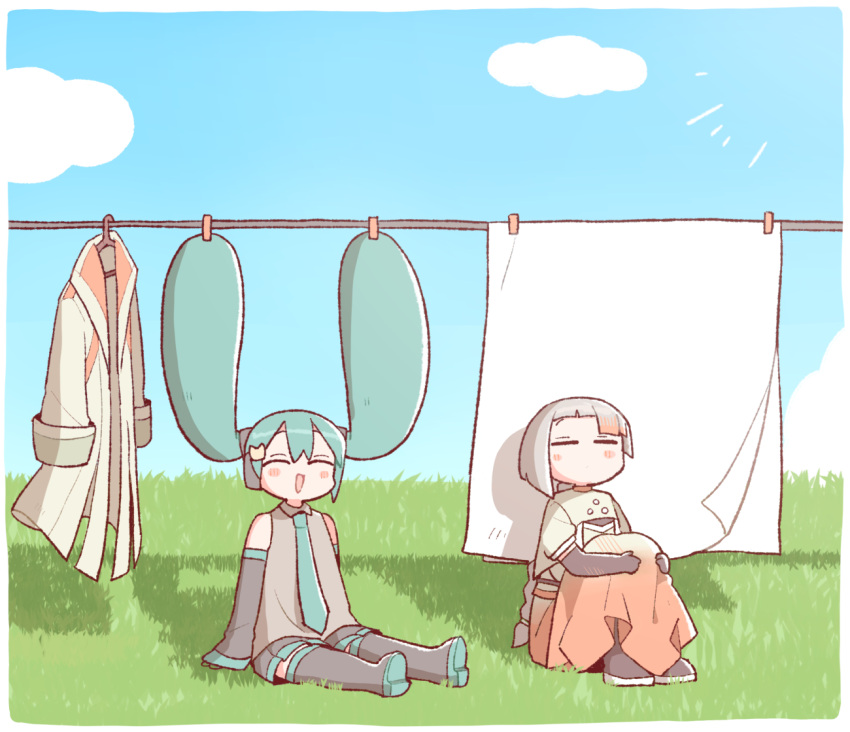 2girls bed_sheet black_gloves black_skirt blunt_bangs blush_stickers boots border braid braided_ponytail chis-a closed_eyes clothes_pin clothesline clouds coat commentary_request day detached_sleeves elbow_gloves gloves gradient_skirt green_coat green_shirt green_skirt grey_hair grey_shirt hatsune_miku hugging_own_legs knees_up long_skirt multicolored_hair multiple_girls no_mouth on_grass open_mouth orange_hair orange_skirt outdoors outstretched_legs pleated_skirt puffy_short_sleeves puffy_sleeves raised_eyebrows shadow shirt short_sleeves sitting skirt sleeveless sleeveless_shirt smile streaked_hair t705gp thigh_boots twintails unworn_coat vocaloid voisona white_border