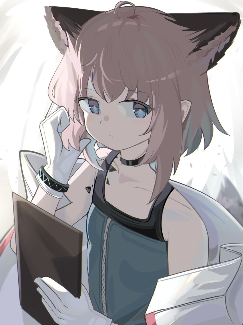 1girl absurdres ahoge animal_ear_fluff animal_ears arknights black_choker blue_dress blue_eyes brown_hair choker closed_mouth collarbone dress fox_ears gloves hands_up highres holding jacket looking_at_viewer off_shoulder open_clothes open_jacket solo spam_(spamham4506) sussurro_(arknights) white_gloves white_jacket