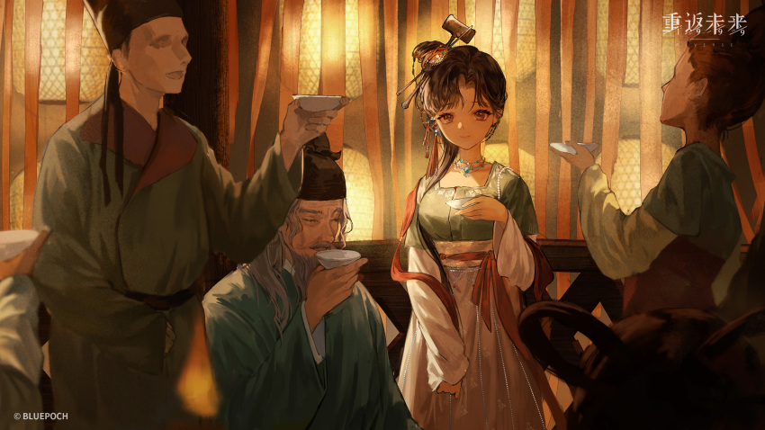 2boys 2girls backlighting black_eyes black_hair black_headwear bowl breasts chinese_clothes chinese_hairpin closed_eyes closed_mouth copyright_name copyright_notice drinking futou green_hanfu green_shirt hair_bun hair_ornament hair_over_shoulder hand_up hanfu highres holding holding_bowl jewelry jiu_niangzi lantern layered_sleeves lizheng_(reverse:1999) logo long_hair long_skirt long_sleeves looking_at_viewer multiple_boys multiple_girls necklace no_eyes official_art official_wallpaper old old_man paper_lantern red_shawl reverse:1999 shawl shirt short_over_long_sleeves short_sleeves single_side_bun skirt smile tassel tassel_hair_ornament under_boob upper_body white_skirt white_sleeves
