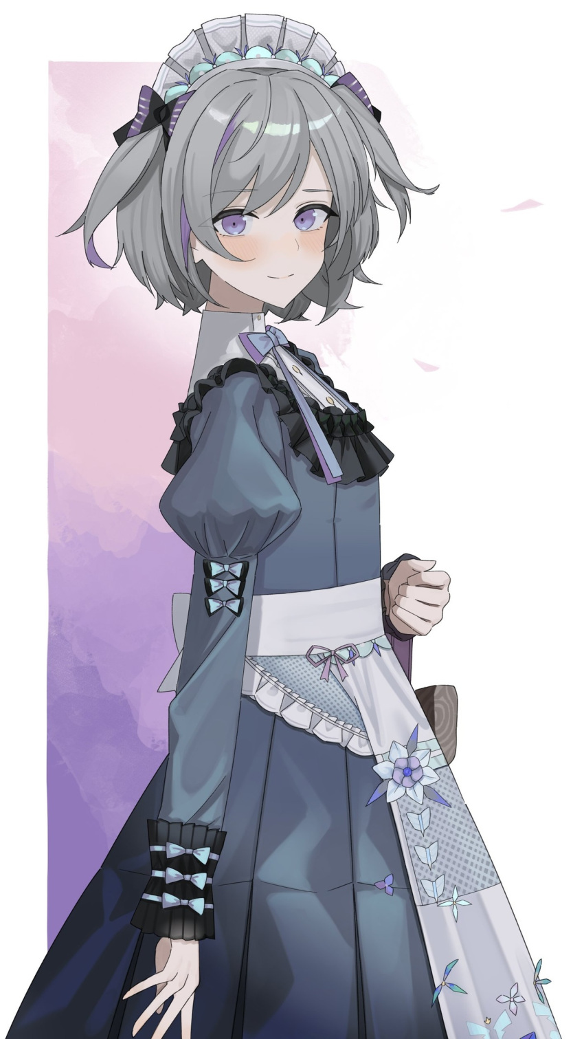 1girl a_iri_a apron bad_id bad_twitter_id blush bow contender_(flowerful_maid)_(girls'_frontline) contender_(girls'_frontline) dress girls_frontline grey_dress grey_hair hair_bow highres looking_at_viewer looking_to_the_side maid maid_headdress multicolored_hair official_alternate_costume purple_hair simple_background smile solo streaked_hair violet_eyes waist_apron