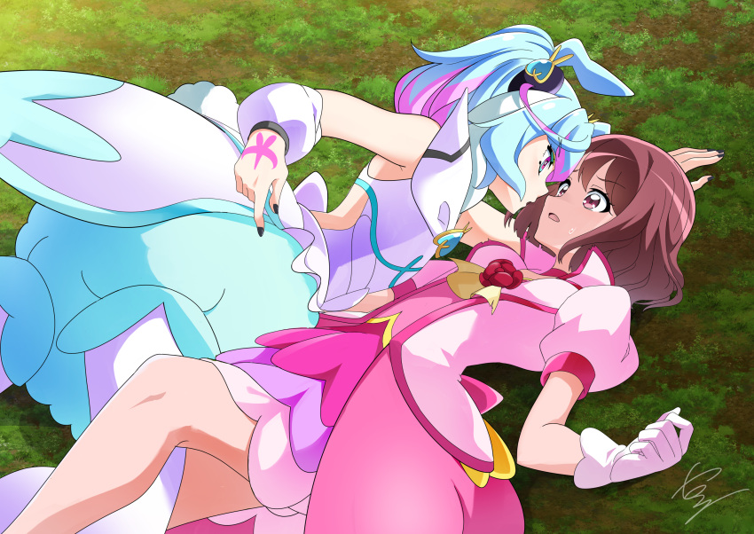 2girls aqua_dress aqua_eyes artist_name ascot back_bow black_nails blue_hair bob_cut bow brown_hair choker clothing_cutout commentary_request commission cure_grace cure_supreme detached_sleeves dress gloves grass hair_ornament hanadera_nodoka hand_tattoo healin'_good_precure highres looking_at_another lying magical_girl medium_dress medium_hair multicolored_eyes multicolored_hair multiple_girls on_back on_ground on_side open_mouth pantyhose partial_commentary pink_choker pink_dress pink_eyes pink_hair precure precure_all_stars_f preme_(precure) puffy_short_sleeves puffy_sleeves short_dress short_hair short_sleeves side_cutout signature skeb_commission sleeveless sleeveless_dress straddling sweatdrop tattoo tirofinire violet_eyes white_gloves white_pantyhose white_sleeves yellow_ascot